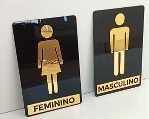 Kit Placas Acrílico Espelhado Porta Banheiro Feminino e Masculino