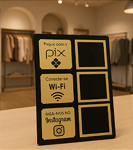 Placa de Mesa com Suporte para Pix, Wi-Fi e Instagram QR Code