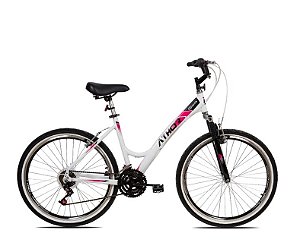 BIC. ARO 26 ONE FEMININA ALUMINIO 18V 45MM  FREIO V BRAKE C/ SUSPENSAO BRANCA