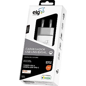CARREG USB TIPO C + USB 2.1A ELG W124 BR