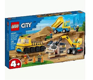 CAMINHOES DE CONSTRUCAO E GUINDASTE COM BOLA DE DEMOLICAO