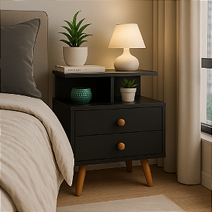 Mesa de Cabeceira Retrô Preta MDF 15mm com 2 Gavetas, Pés Palito e Fundo – Enviada Montada | Casa Decor