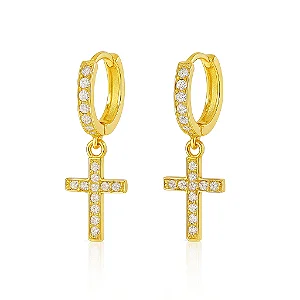 Par de Brinco Argola Cruz Cravejada Banhado a Ouro 18k