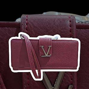 Carteira de Mão Feminina V Clássica em Couro Sintético – Vinho Luxo