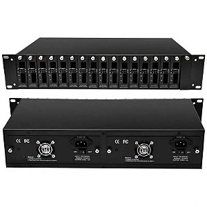 Rack Chassis para conversor de mídia 14 Slots 5x 2U 2 fontes redundantes comp TP-Link, Intelbras, 2Flex e outros