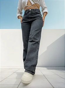 Calça Wideleg Feminina Jeans Preta Marmorizada Estilosa