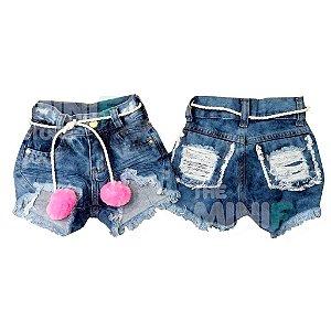 Shorts Jeans Destroyed Rasgadinho Infantil com cintinho POMPOM