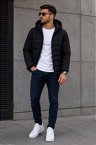 Jaqueta Puffer Masculina Preta com Capuz