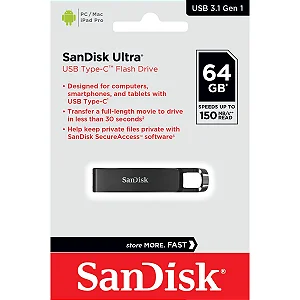 Pen Drive SanDisk Ultra Flash Drive USB Tipo-C de 64 GB- PRETO