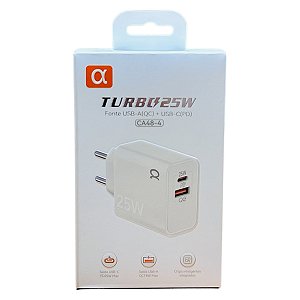 Fonte Carregador Turbo A'Gold USB + USB-C  25W CA48-4 ANATEL