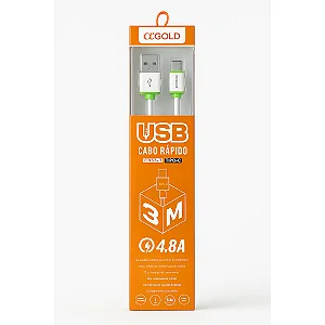 Cabo de carga USB/TIPO C 3M Branco Kaidi Carga Rapida
