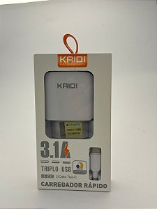 Carregador Rápido Triplo USB 3.1A Cabo Tipo C