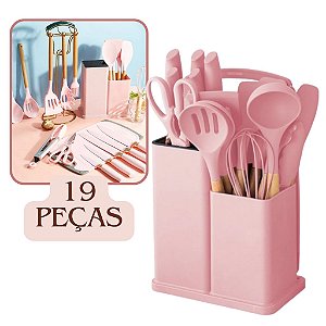 Kit 19 Peças Completo Utensílios de Cozinha Luxo Com Tábua em Silicone