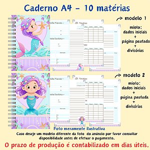 Caderno Pautado A4 10 Matérias no Tema Sereia Cute