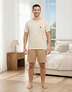 Conjunto Pijama Masculino Premium Confortável Bege Listrado