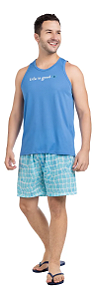 Pijama Masculino Premium Regata + Short Xadrez Azul Turquesa
