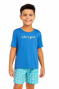 Pijama Juvenil Menino Blusa + Short Xadrez Azul Turquesa
