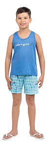 Pijama Infantil Menino Regata + Short Xadrez Azul Turquesa