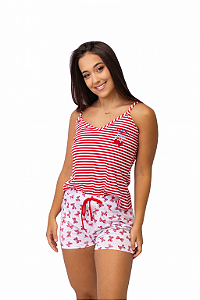 Short Doll Poliéster Viscose Listrado + Laços Confortável