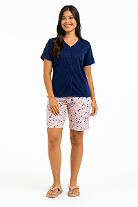 Pijama Feminino Premium Botões Azul + Short Comprido Floral