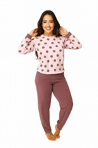 Pijama Moletom Feminino Bolinhas Poliéster Viscose Luxuoso