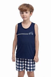 Pijama Infantil Menino Regata + Short Xadrez Malha PV