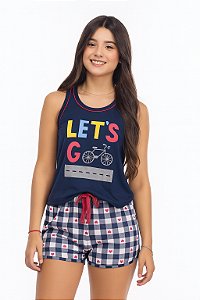 Short Doll Juvenil Menina Regata + Short Xadrez Malha PV