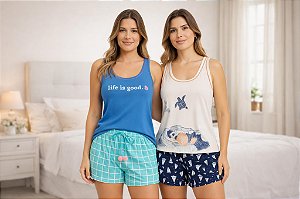 Kit 2 Pijamas Femininos Conjunto Família Regata e Short