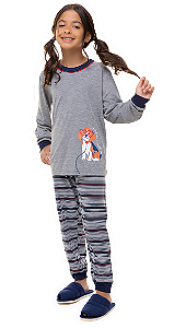 Pijama Longo Infantil Menina Dog Cinza Listrado Inverno