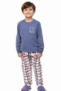 Pijama Longo Infantil Menino Xadrez Azul Heart Hug Inverno