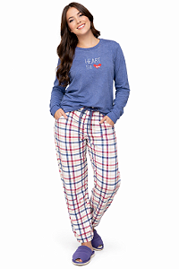 Pijama Longo Juvenil Menina Xadrez Azul Heart Hug Inverno