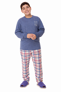 Pijama Longo Juvenil Menino Xadrez Azul Heart Hug Inverno