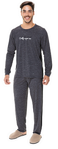Pijama Longo Masculino Liso Mescla Cinza Escuro Confortável