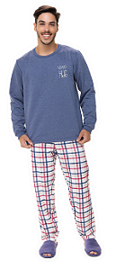 Pijama Longo Masculino Xadrez Azul Heart Hug Inverno