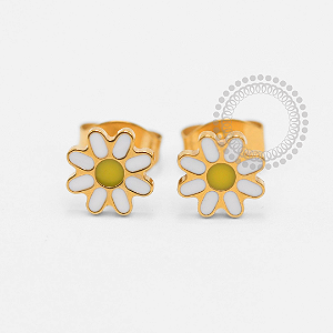 TN1869 Par de Brincos Girassol Resinado Titânio PVD Gold