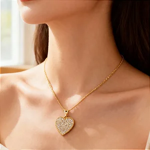 Colar Feminino Com Pingente De Coração Cravejado Dourado