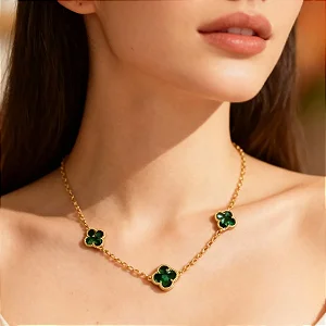 Colar Choker Feminino Com Pedras Verdes - Folha