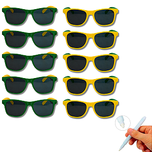 Kit 10 Óculos Escuro Clássico Joma Brasil Copa Mundo Torcida Verde Amarelo + Caneta Giz