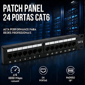 Patch Panel 24 Portas Cat6 Rj45 Rack 19 Gigabit