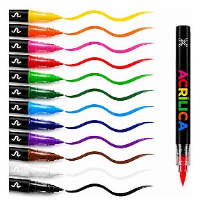 Kit 12 Canetas Marcador Acrílico Ponta Pincel Acrylic Marker Azul