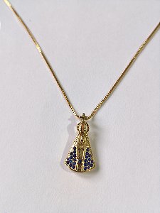 Colar Nossa Senhora Dourado com Pedras Azuis