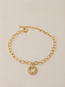 Pulseira Dourada com Pingente de Coração Cravejado