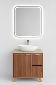 Gabinete Banheiro 1 Porta/ 2 Gavetas Compacto MDF com espelheira em LED