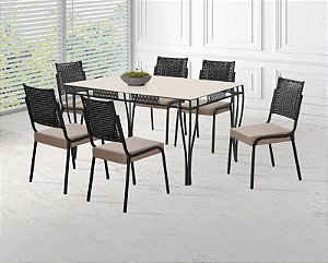 CONJUNTO MESA GOURMET DC RT. 1,60X0,90 VD SERIG 6 CAD.RAINHA NEW JUNCO MARROM CHOC J 03 VIDRO OFF WHITE