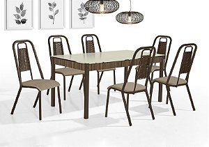 CJ165-CONJUNTO MESA  ATUALE RT. 1,47X0,80 VD SERIG-6 CAD.STAR JUNCO - TRAVA NOGAL - TUBO MARROM - VD OFF WHITE - JUNCO M