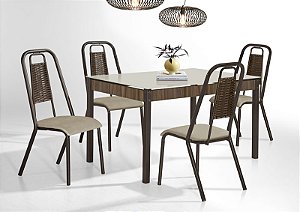 CJ165-CONJUNTO MESA  ATUALE DC RT. 1,20X0,80 VD SERIG-4 CAD.STAR JUNCO TRAVA NOGAL - TUBO MARROM - VD OFF WHITE - JUNCO