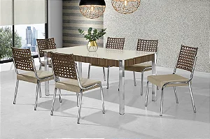 CONJUNTO MESA FACINARE 1,60X0,90 VIDRO SERIG. - 6 CAD. NOBRE JUNCO CR