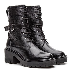Bota Coturno Cano Médio Couro Preto Ziper