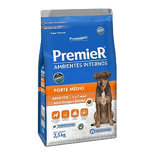 Premier Ambientes Internos Cães Adultos Porte Médio Frango e Salmão 2,5 kg