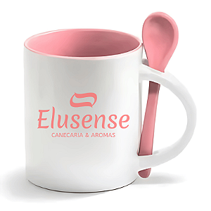 Caneca Porcelana Branca Rosa Interior com Colher